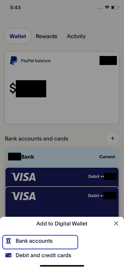 adding bank account to paypal