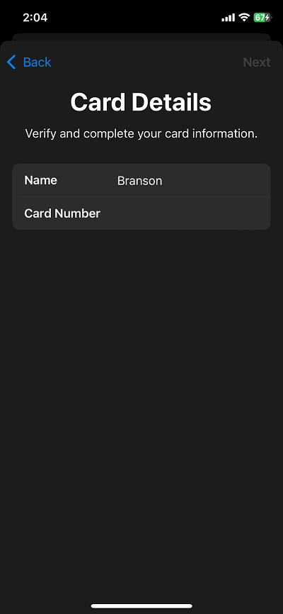 apple pay card details branson