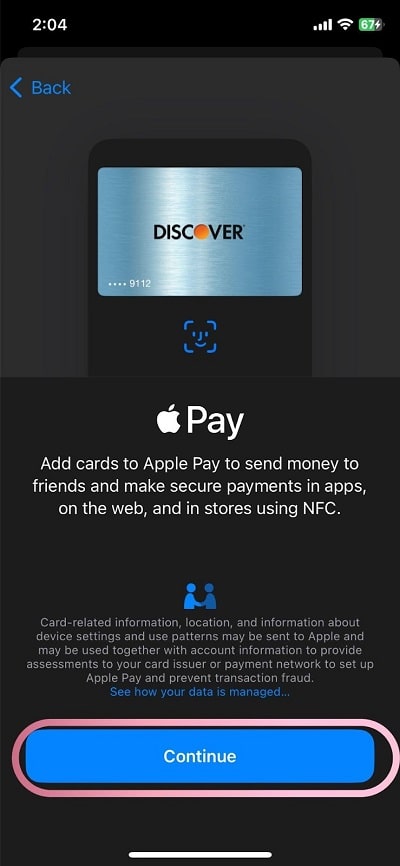 apple pay continue with the card
