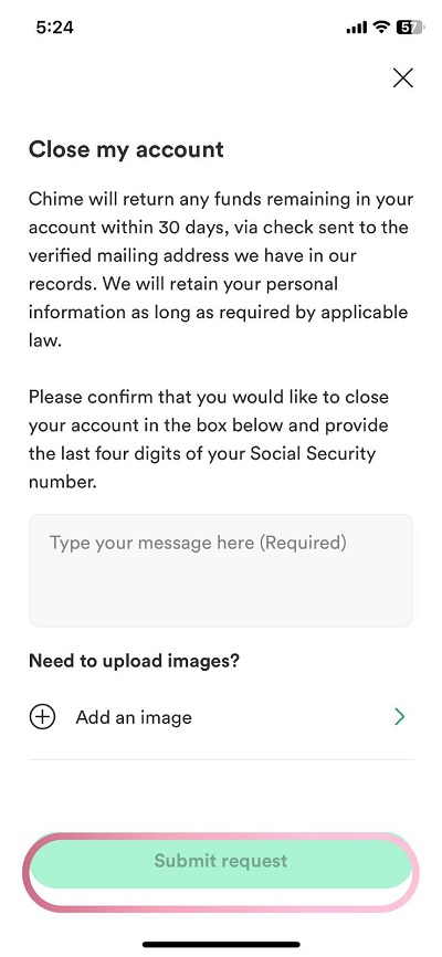 close account submit request