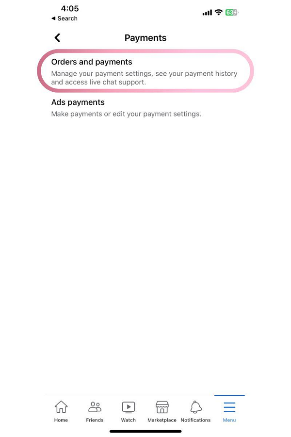 facebook app orders and payments