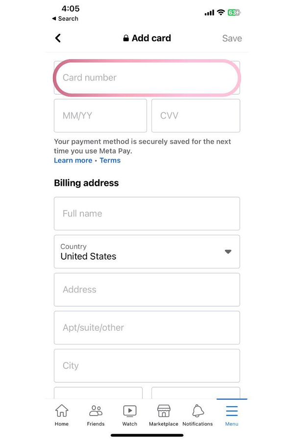 facebook chime card information