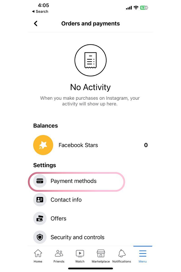 facebook payment methods
