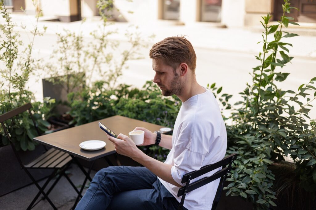 mobile banking with a coffee