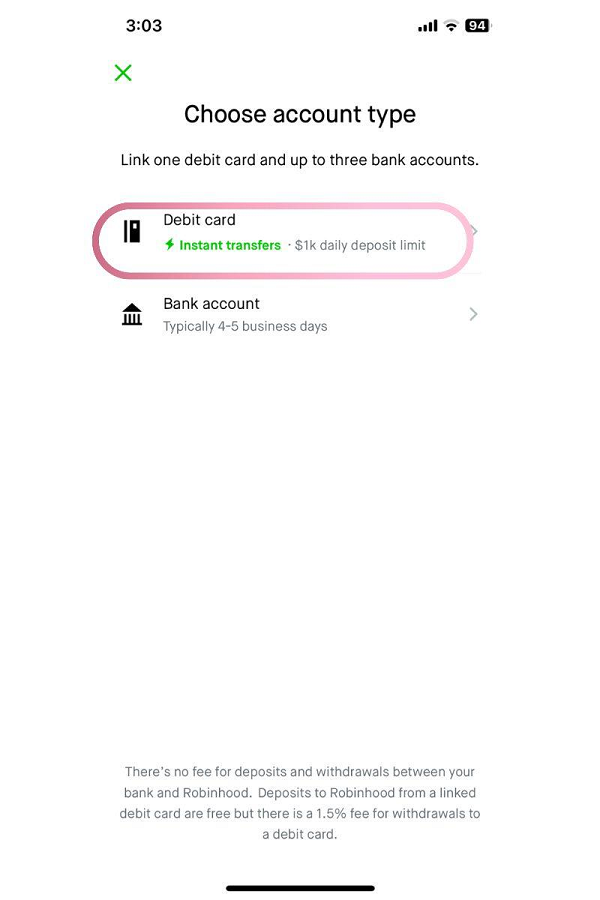 robinhood linking debit card