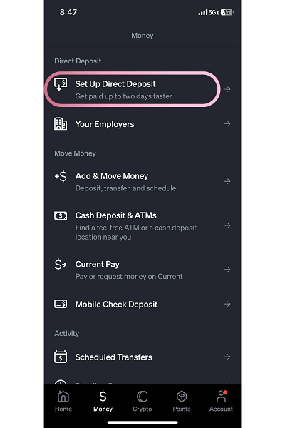 current setup direct deposit