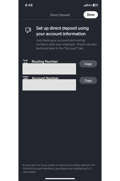 setting up direct deposit using account information