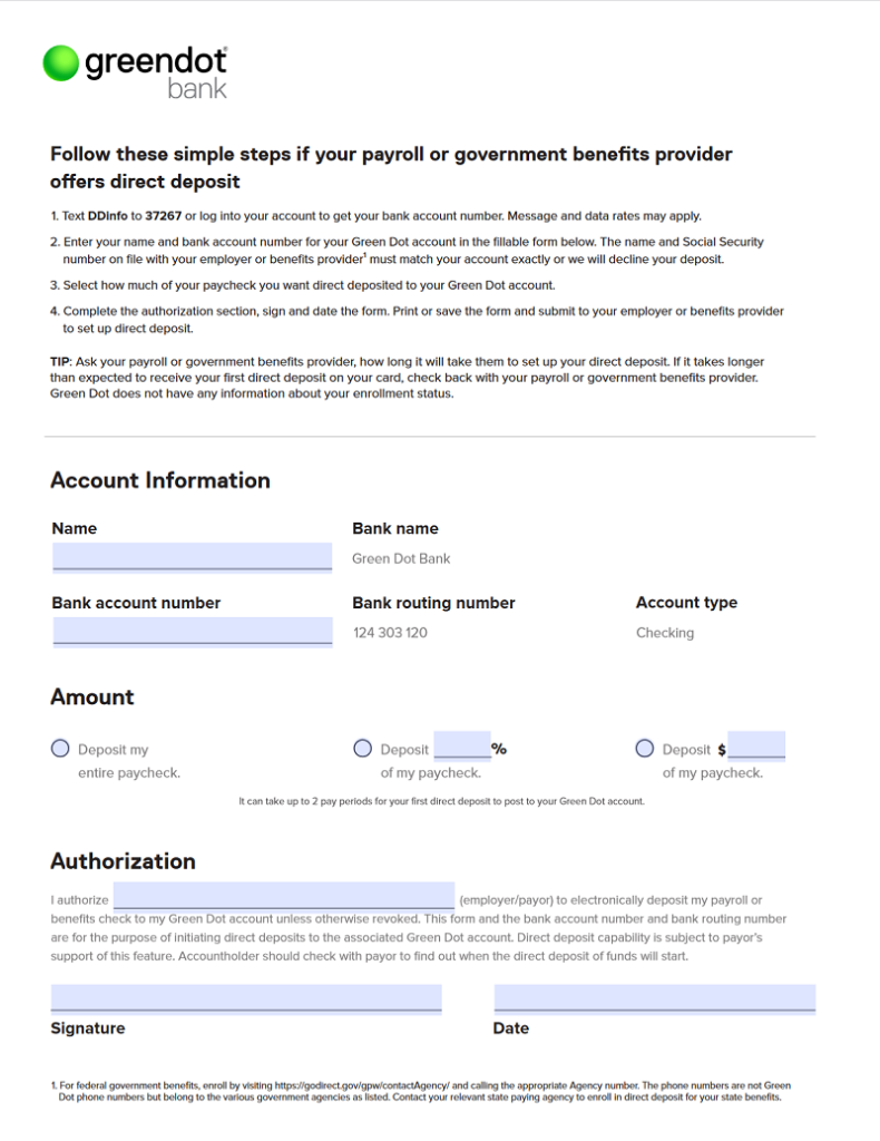 greendot bank direct deposit form