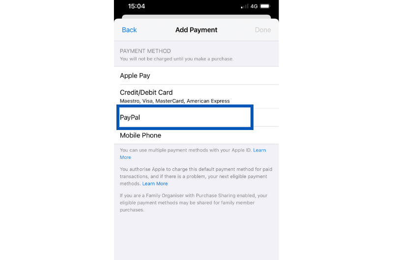 paypal app store payment method