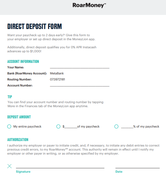 roarmoney direct deposit form