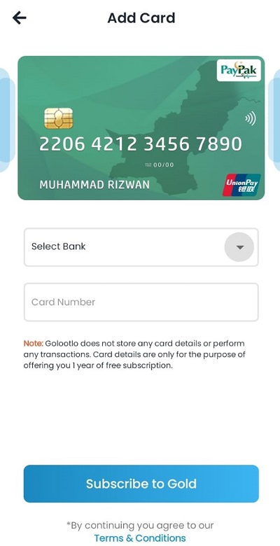 golootlo add paypak card