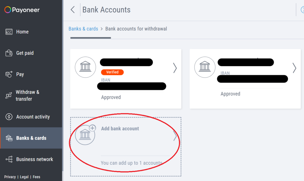 payoneer added bank accounts