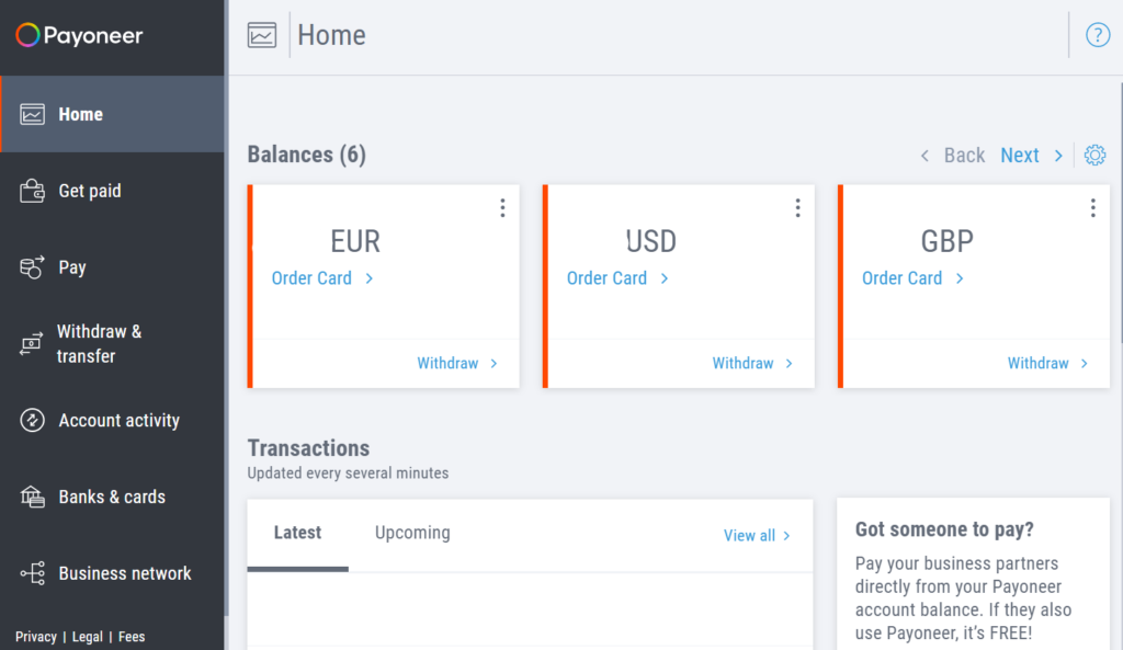 payoneer dashboard