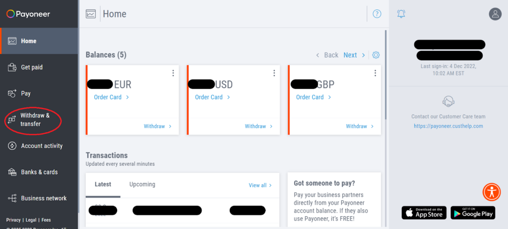 payoneer dashboard