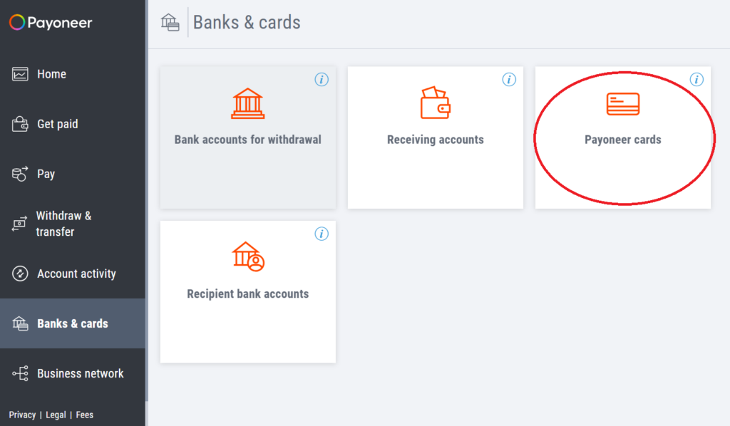 payoneer dashboard cards