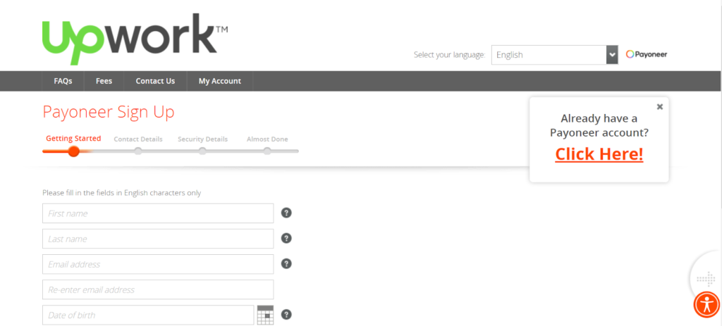 upwork connecting payoneer account