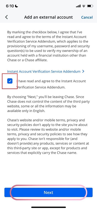 chase app adding external account