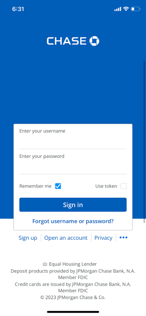 chase bank app login