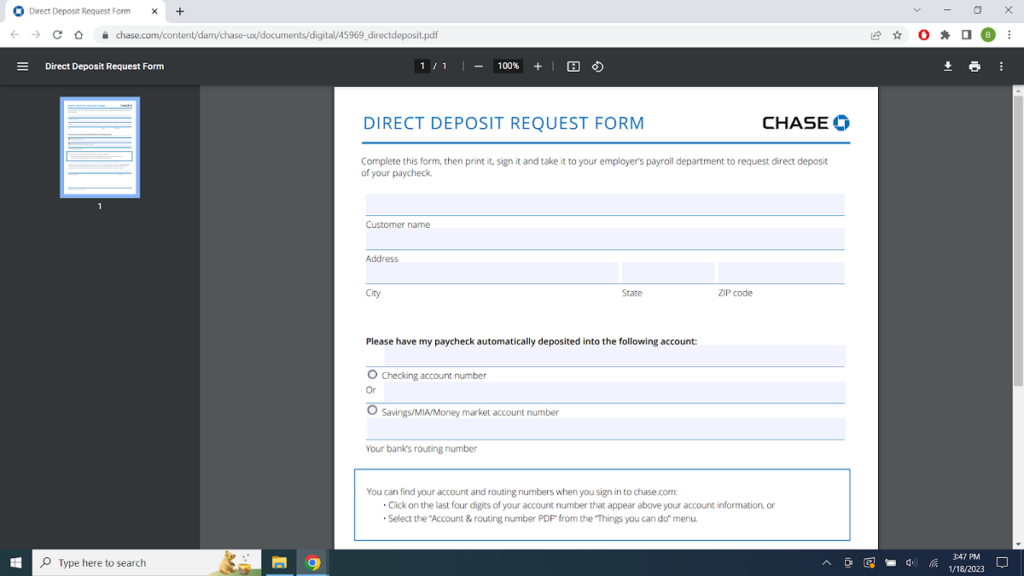 chase direct deposit form request