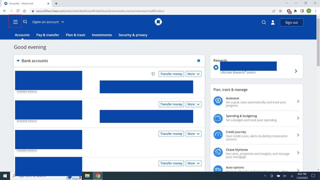 chase online banking dashboard