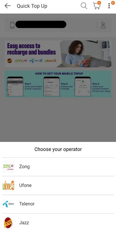 daraz quick top up mobile operator