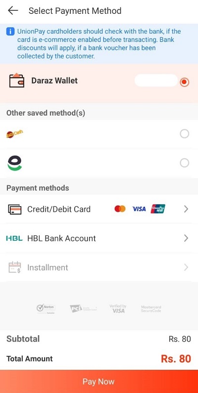 daraz wallet payment method