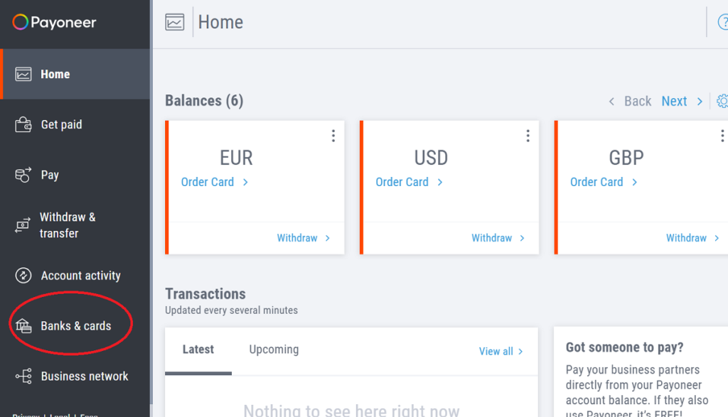 payoneer banks and cards
