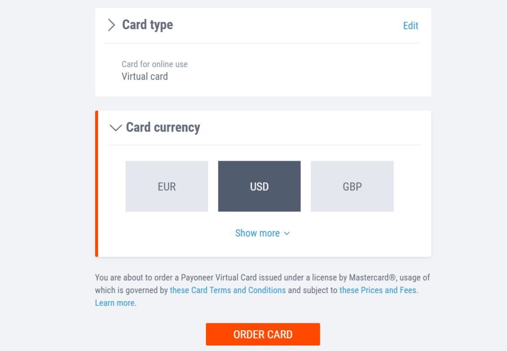 payoneer choosing card currency