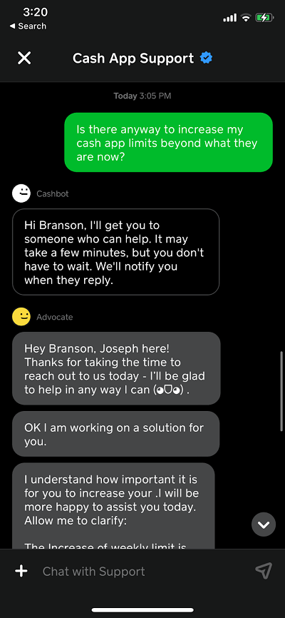 checking with cash app about increasing the limits