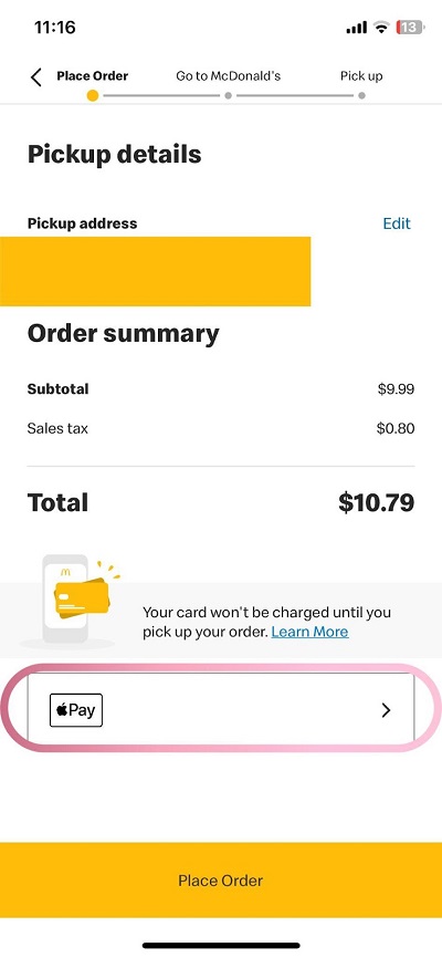 me using apple pay with mcdonalds app