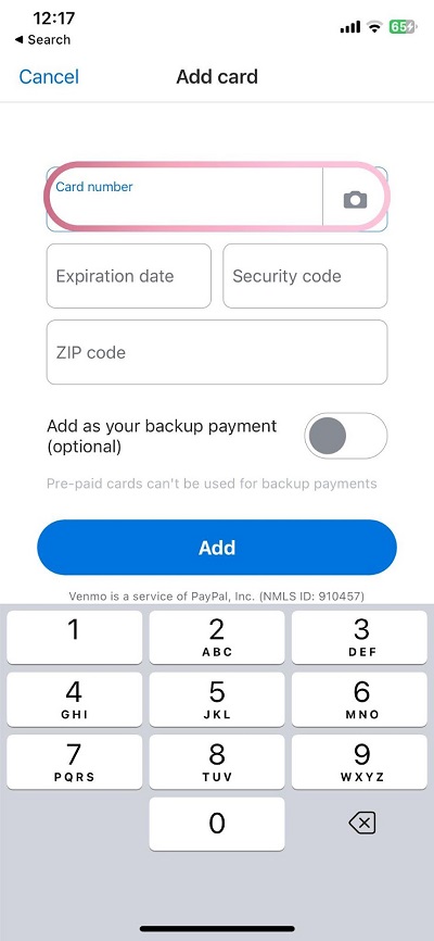 venmo add the card 4