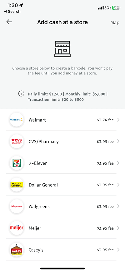 add cash at a store fees