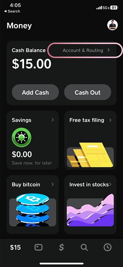 cash app account & routing
