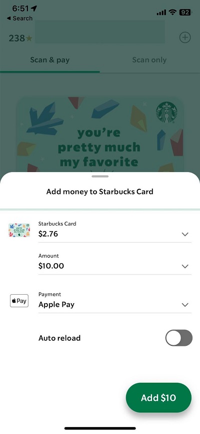 reloading my starbucks app with apple pay