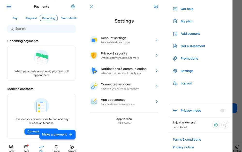 monese mobile app screens