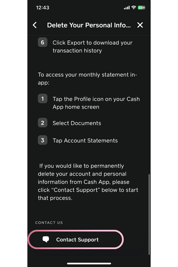 cash app delete your personal information contact support