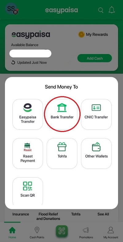 easypaisa bank transfer screen
