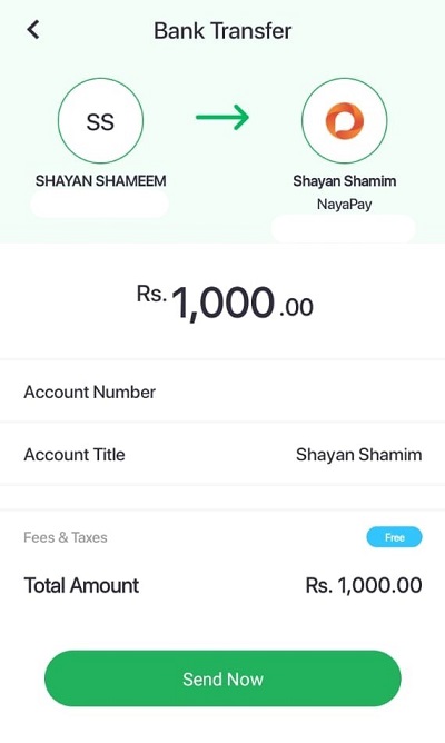 easypaisa to nayapay send now transfer screen