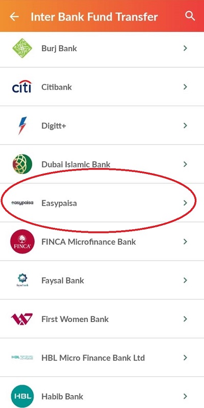 finding easypaisa on the list