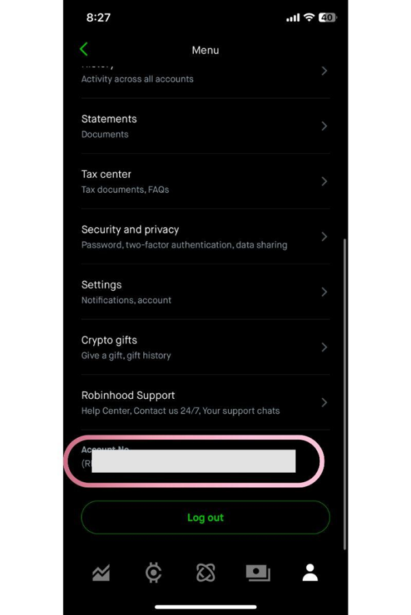 robinhood stock account number
