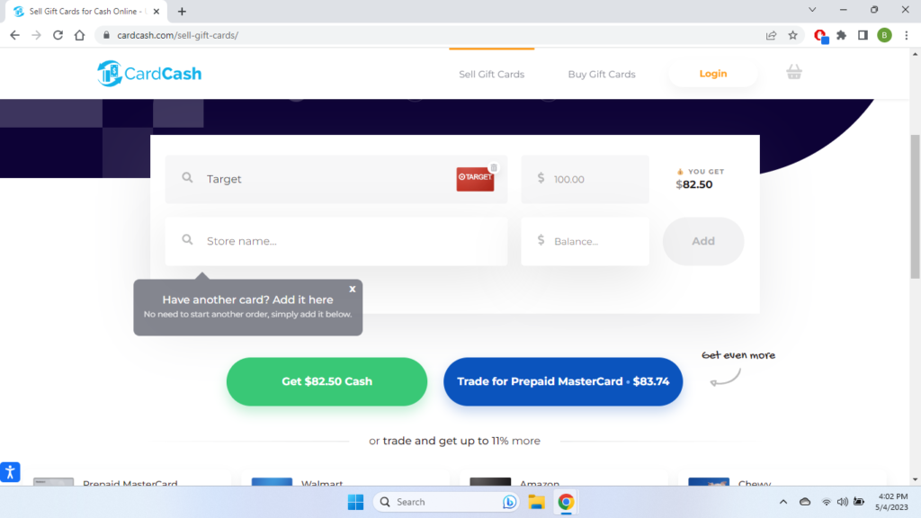 selling gift card at cardcash