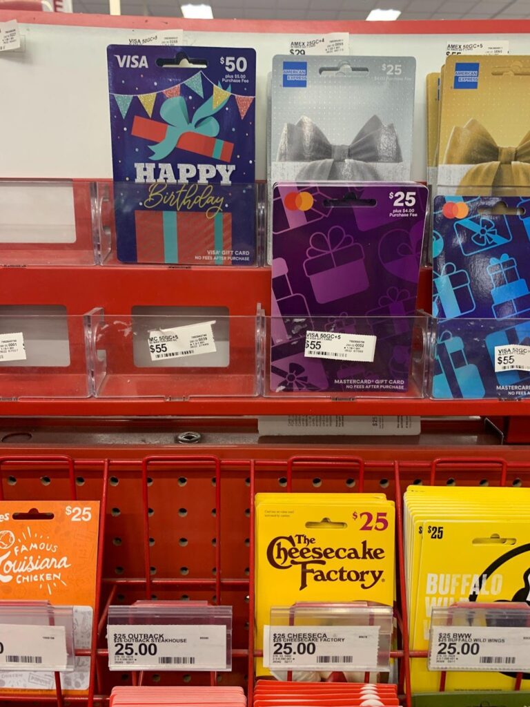 stand with different gift cards